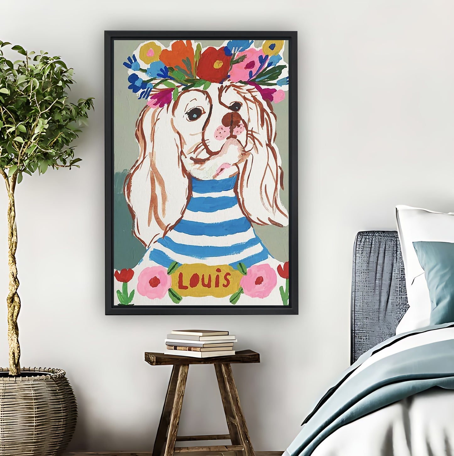 Whimsical Dog "Louis" with Flower Crown Wall Art Print|Liberty Signs #L813