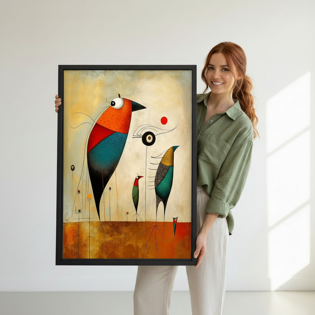 Smiling woman holding large abstract surrealist birds framed canvas wall art, bold Miro-style eclectic print black frame