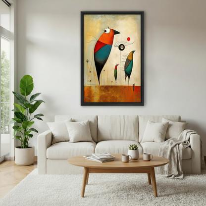 Abstract Miro-style birds framed canvas above cream sofa in modern living room, colorful surrealist wall art eclectic decor
