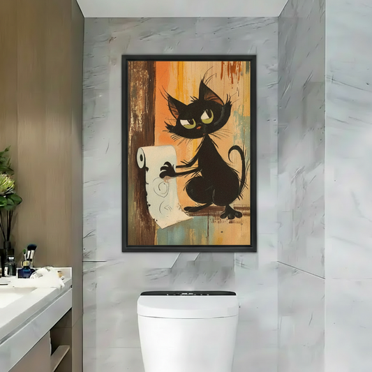 Funny Black Cat Bathroom Wall Art Framed Canvas Print|Liberty Signs#L1742