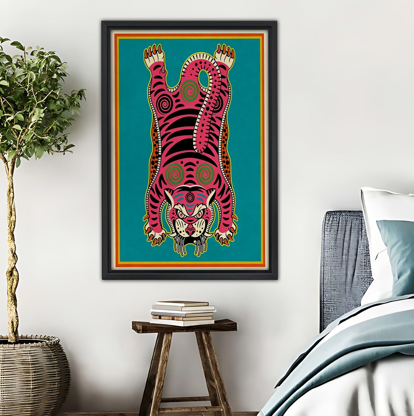 Retro Pink & Teal Upside-Down Tiger Art Print - Bold Pop Art Boho Wall Decor|Liberty Signs #L430
