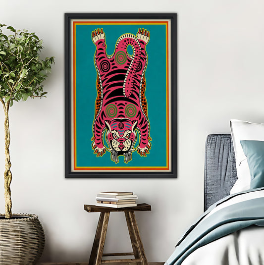 Retro Pink & Teal Upside-Down Tiger Art Print - Bold Pop Art Boho Wall Decor|Liberty Signs #L430