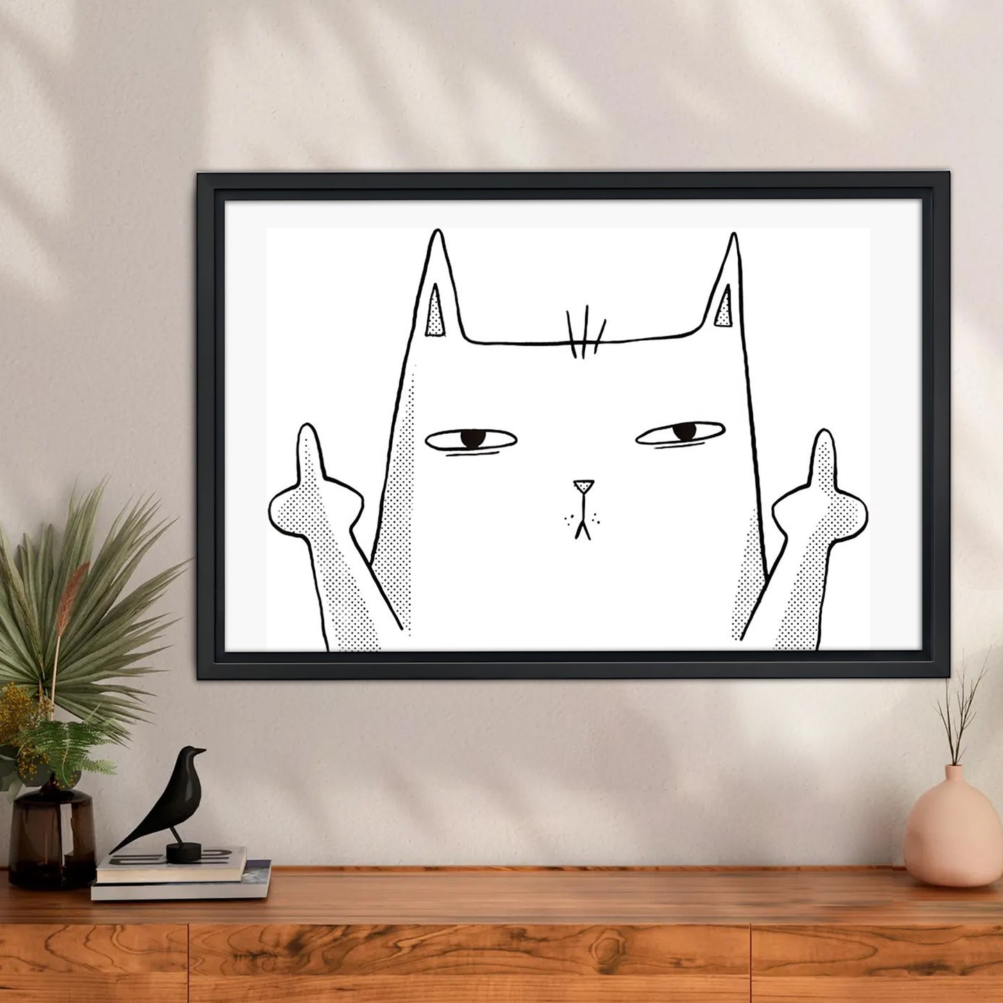 Sassy White Cat Middle Finger Line Art Wall Print| Liberty Signs #L1603
