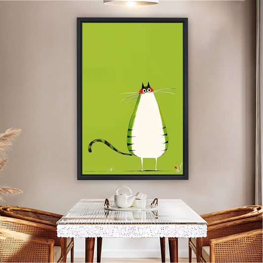 Chubby White Tabby Cat Green Background Wall Art Print| Liberty Signs #L1559