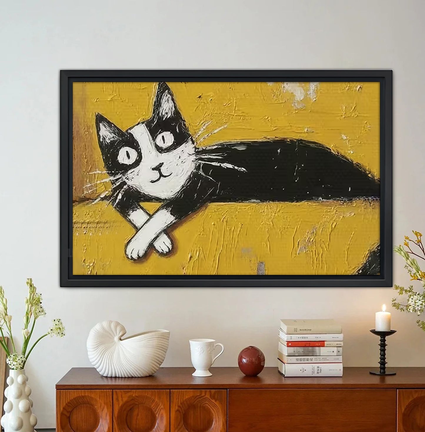 Playful Stretching Tuxedo Cat Yellow Background Wall Art Print| Liberty Signs #L1614