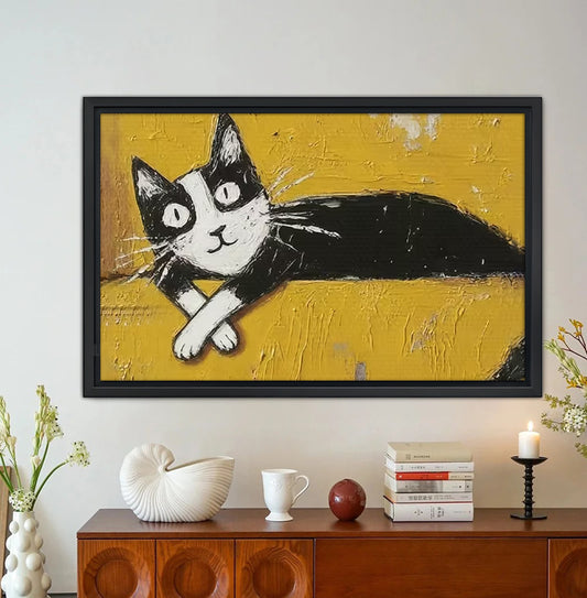 Playful Stretching Tuxedo Cat Yellow Background Wall Art Print| Liberty Signs #L1614