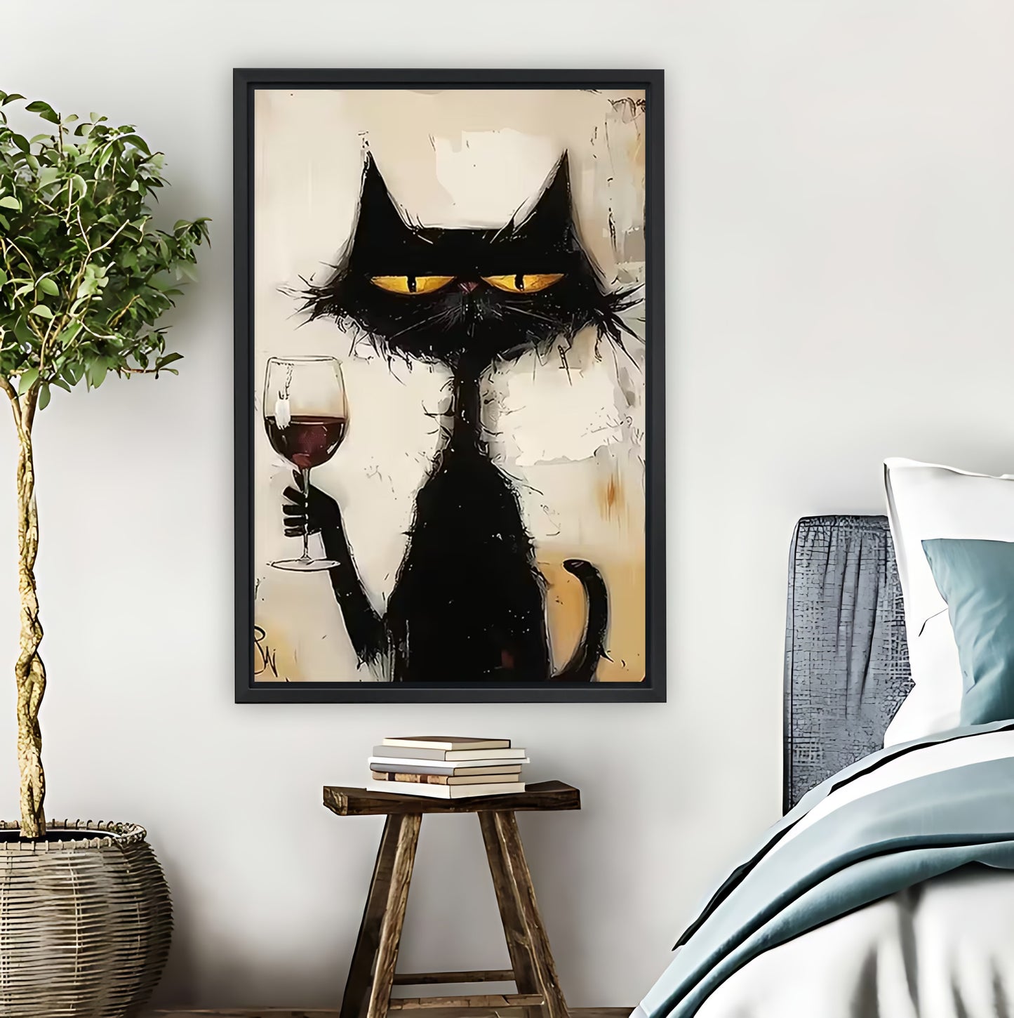 Cool Black Cat with Wine Art Print | Cat Lover Wall Decor|Liberty Signs #L638