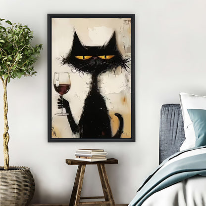 Cool Black Cat with Wine Art Print | Cat Lover Wall Decor|Liberty Signs #L638
