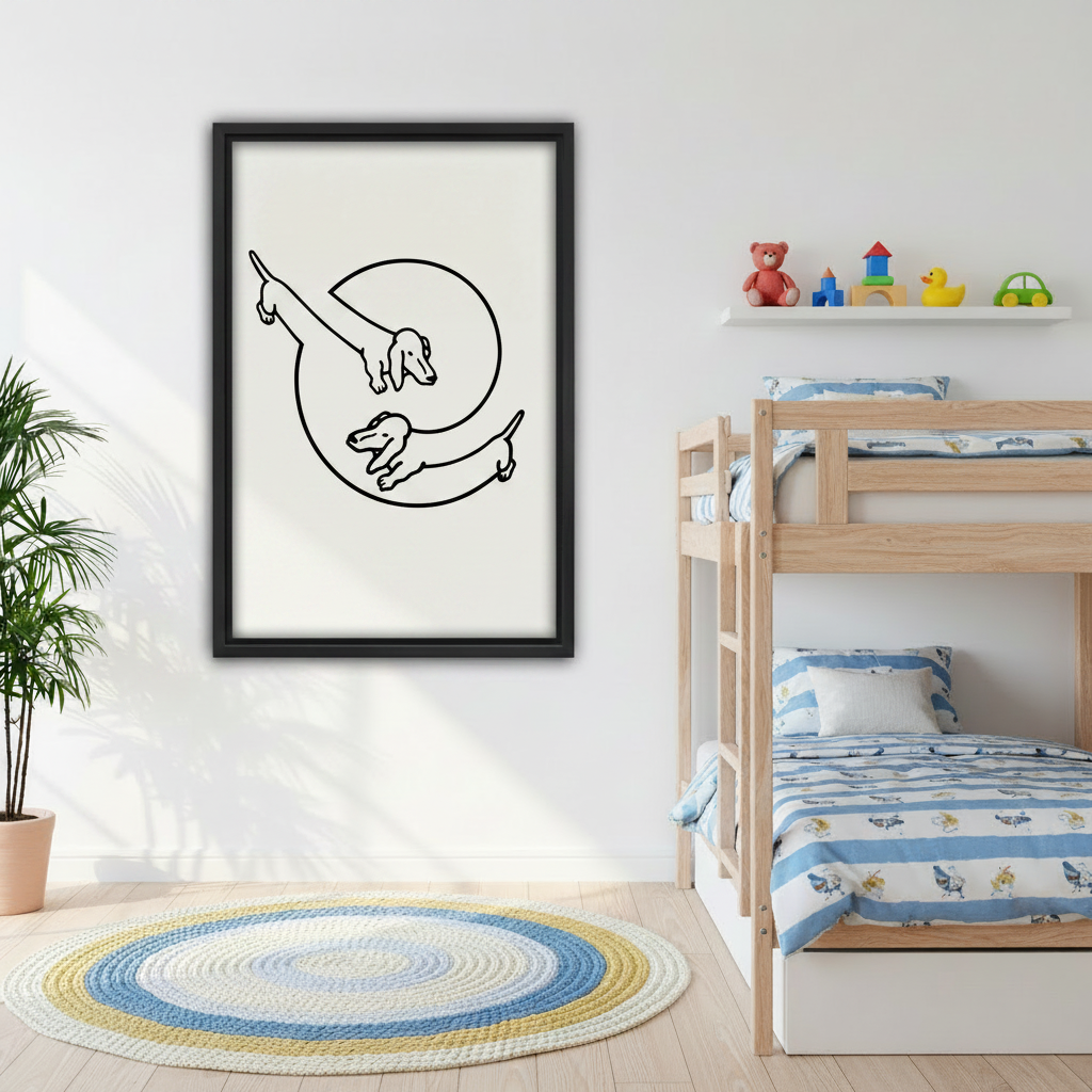 Minimalist dachshund circle line art black framed canvas print on wall in cozy children's bedroom with bunk bed