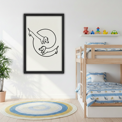 Minimalist dachshund circle line art black framed canvas print on wall in cozy children's bedroom with bunk bed