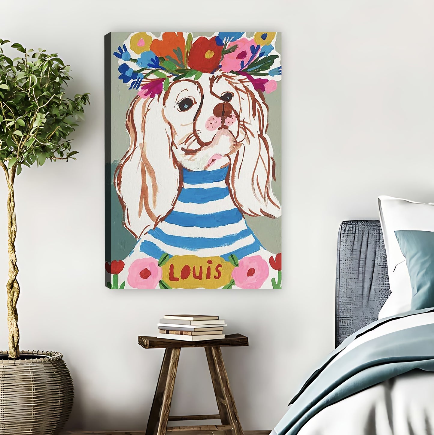 Whimsical Dog "Louis" with Flower Crown Wall Art Print|Liberty Signs #L813