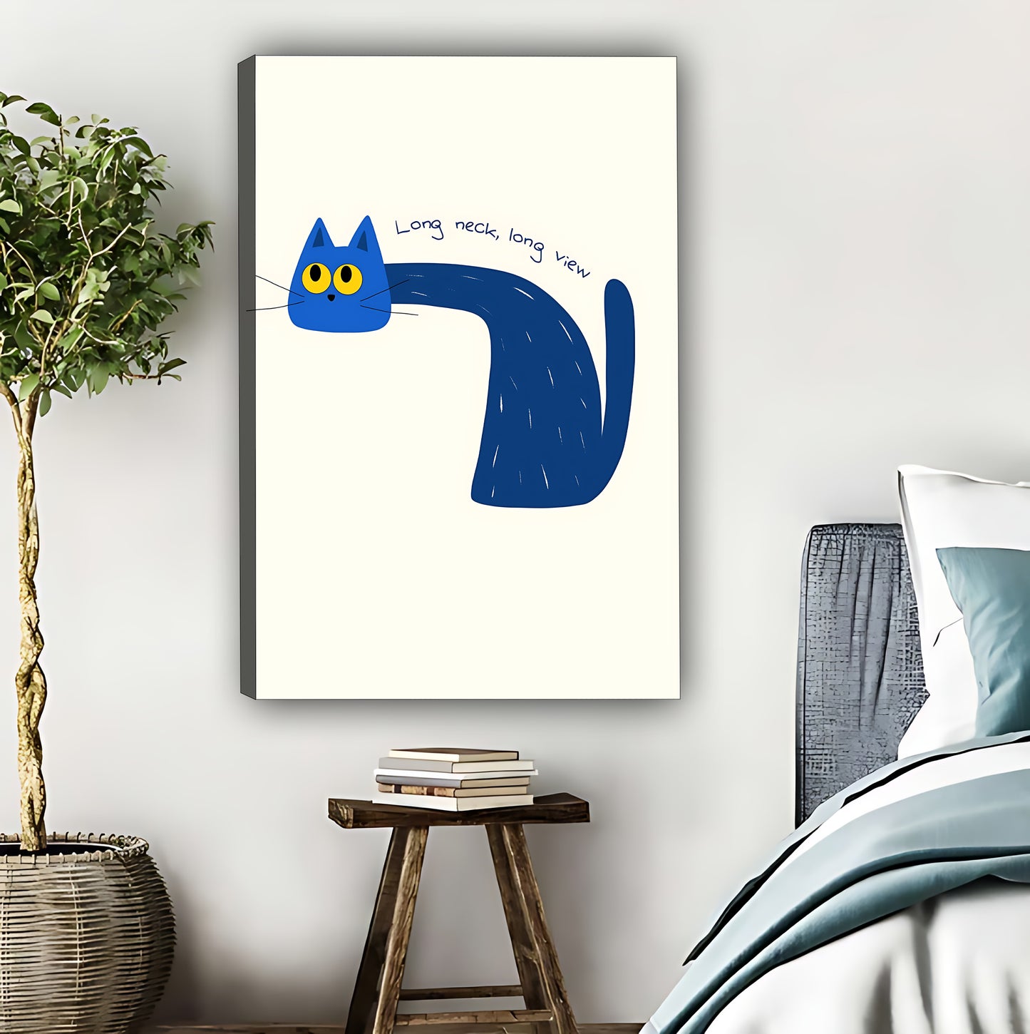 Long Neck Blue Cat Whimsical Art Print | Cute Minimalist Wall Decor|Liberty Signs #L520