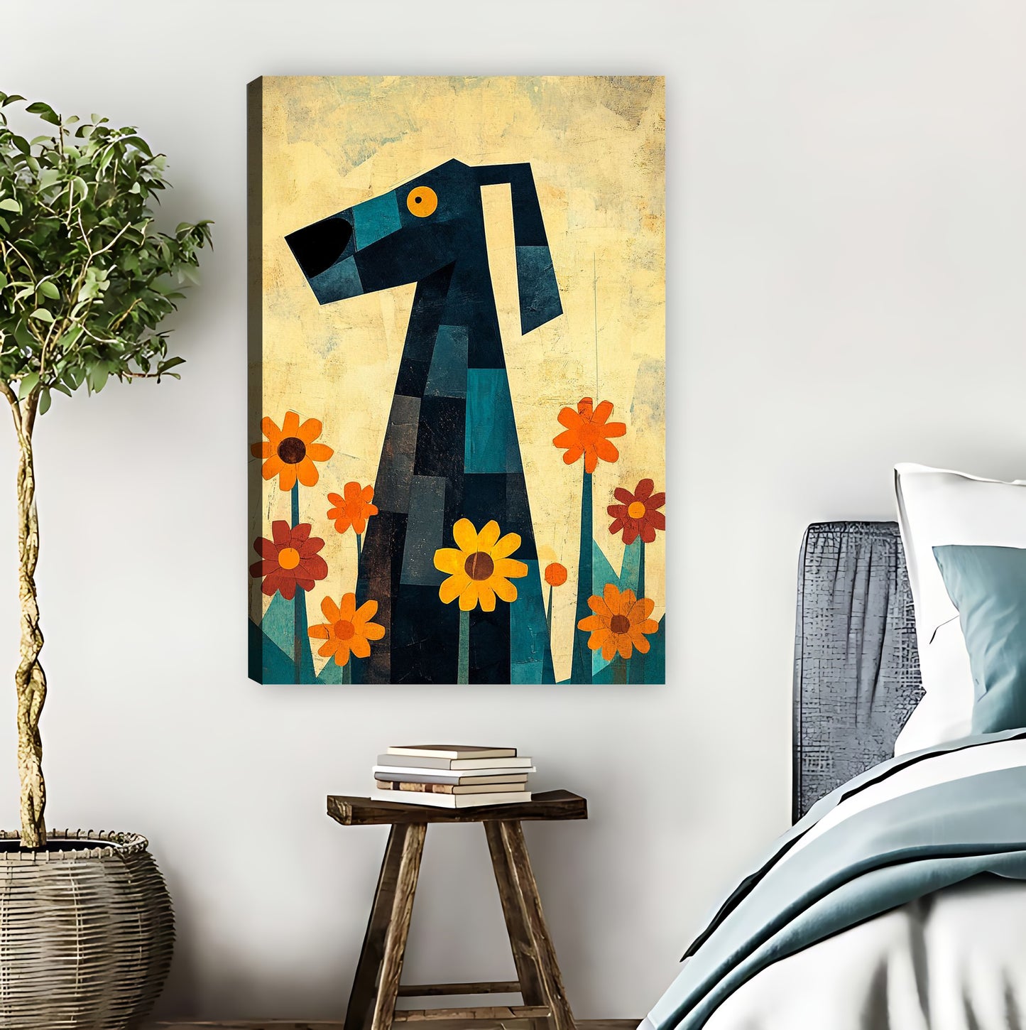 Geometric Dog with Sunflowers Modern Wall Art Print| Liberty Signs #L896