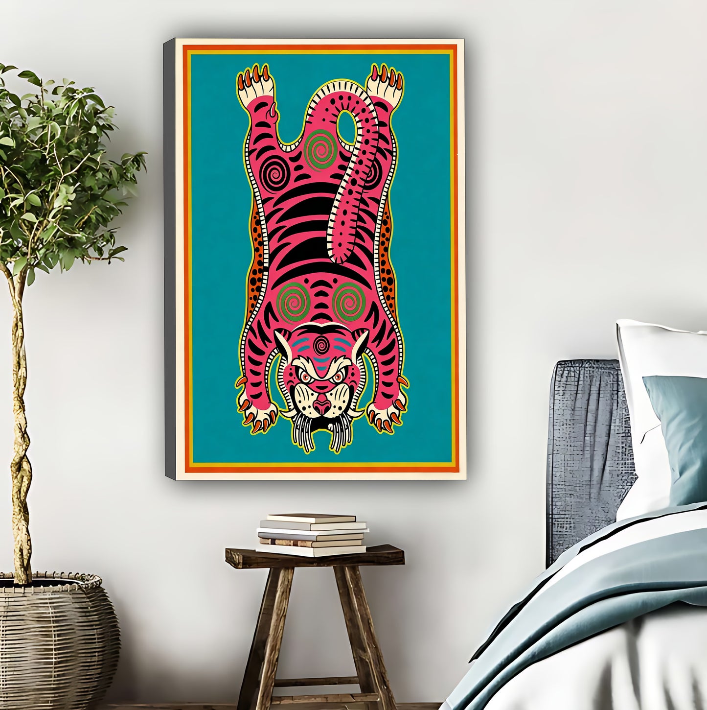 Retro Pink & Teal Upside-Down Tiger Art Print - Bold Pop Art Boho Wall Decor|Liberty Signs #L430