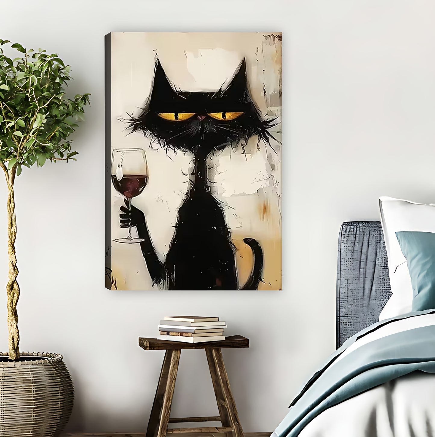 Cool Black Cat with Wine Art Print | Cat Lover Wall Decor|Liberty Signs #L638