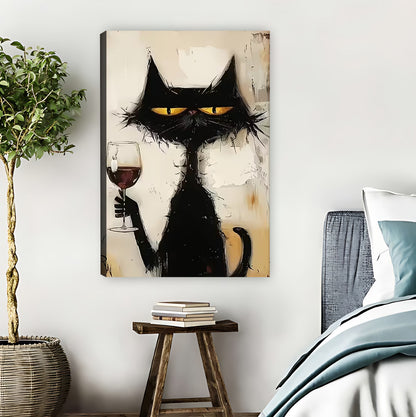 Cool Black Cat with Wine Art Print | Cat Lover Wall Decor|Liberty Signs #L638