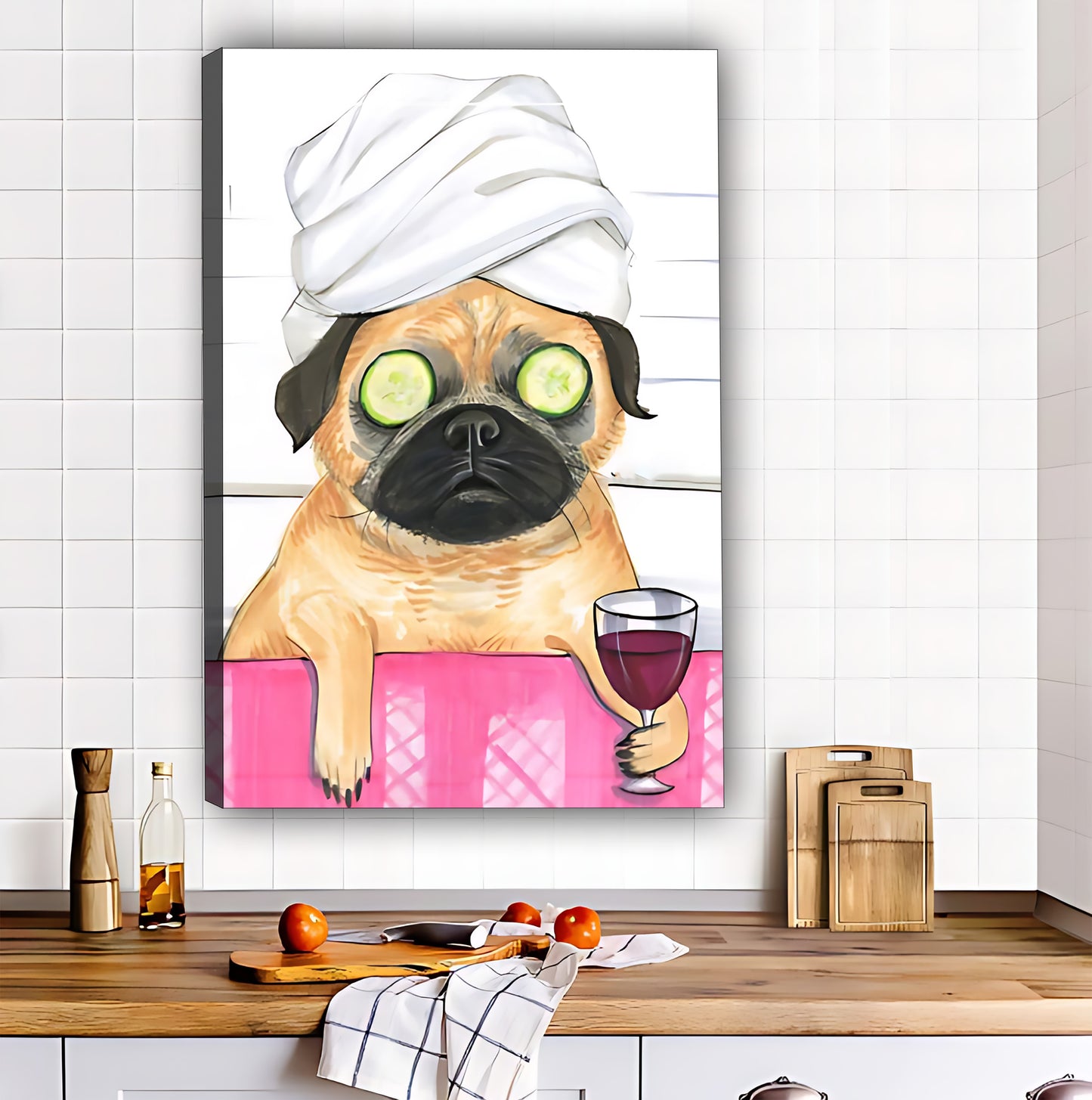 Pug in Bathtub with Wine & Cucumber Eye Mask Funny Wall Art|Liberty Signs #L541