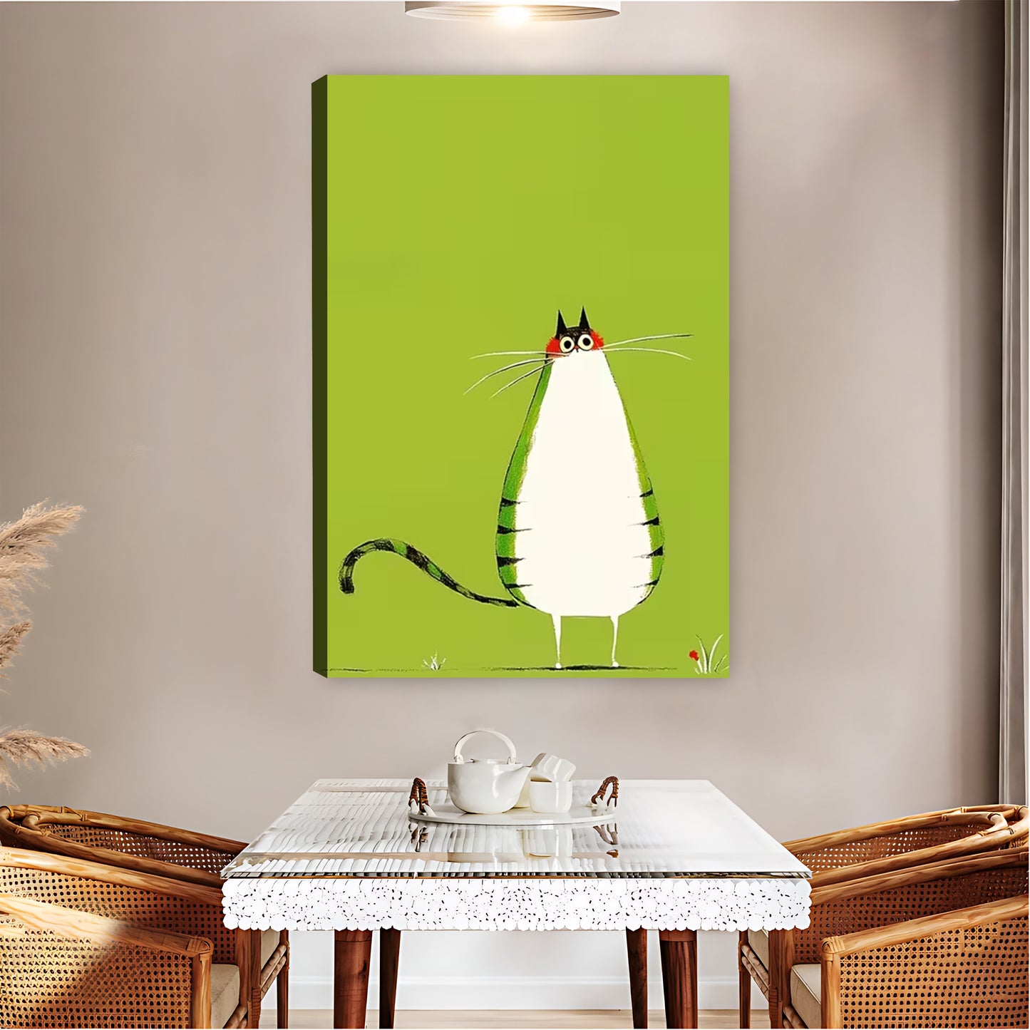 Chubby White Tabby Cat Green Background Wall Art Print| Liberty Signs #L1559