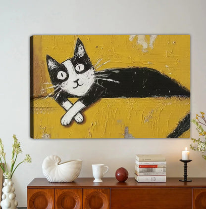 Playful Stretching Tuxedo Cat Yellow Background Wall Art Print| Liberty Signs #L1614