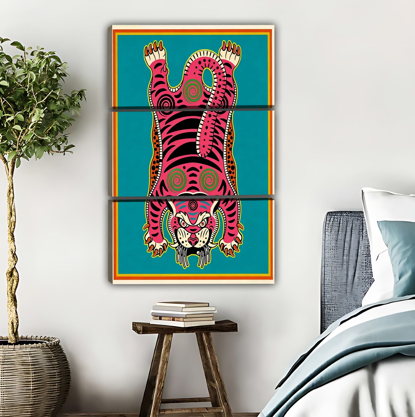 Retro Pink & Teal Upside-Down Tiger Art Print - Bold Pop Art Boho Wall Decor|Liberty Signs #L430