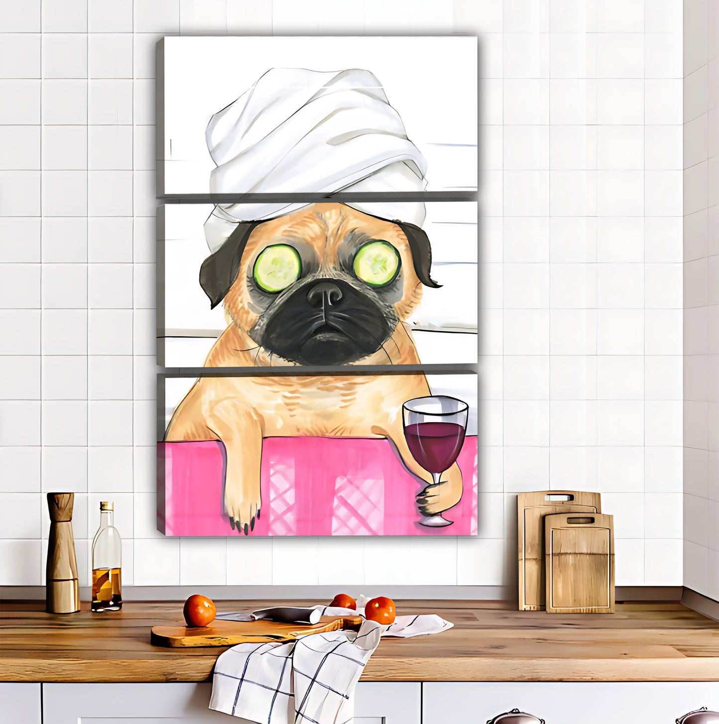 Pug in Bathtub with Wine & Cucumber Eye Mask Funny Wall Art|Liberty Signs #L541