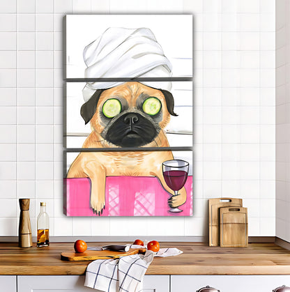Pug in Bathtub with Wine & Cucumber Eye Mask Funny Wall Art|Liberty Signs #L541