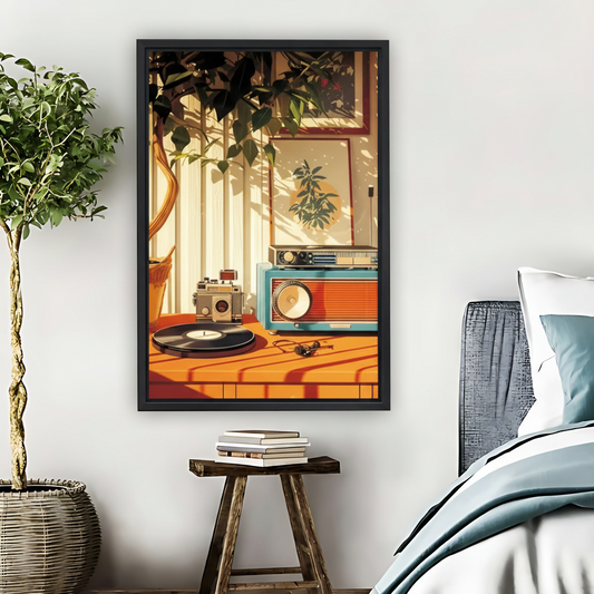 Retro Vinyl Record Player Radio Illustration Framed Canvas Art| Liberty Signs #L1654