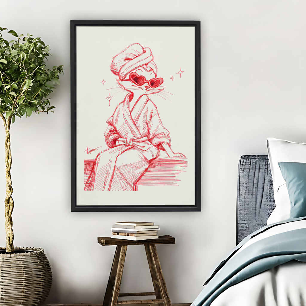 Glamorous Cat Spa Robe Red Sketch Framed Canvas Wall Art|Liberty Signs #L1680