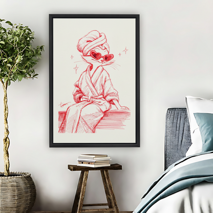 Glamorous Cat Spa Robe Red Sketch Framed Canvas Wall Art|Liberty Signs #L1680