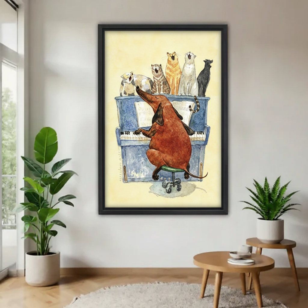 Whimsical dachshund playing piano with singing cats framed canvas wall art, minimalist living room with green plants