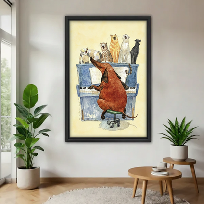 Whimsical dachshund playing piano with singing cats framed canvas wall art, minimalist living room with green plants
