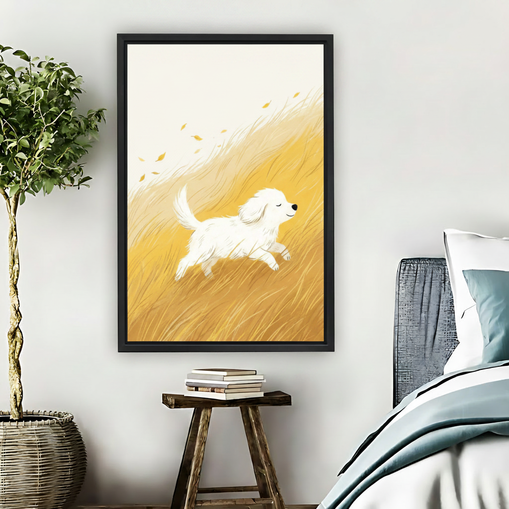 Happy White Dog Running Field Framed Canvas Wall Art|Liberty Signs#L1788