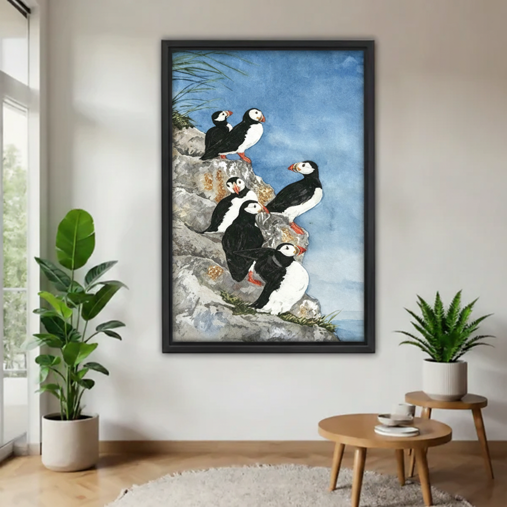 Puffin watercolor canvas wall art in black frame on white wall, coastal bird painting with green plants decor