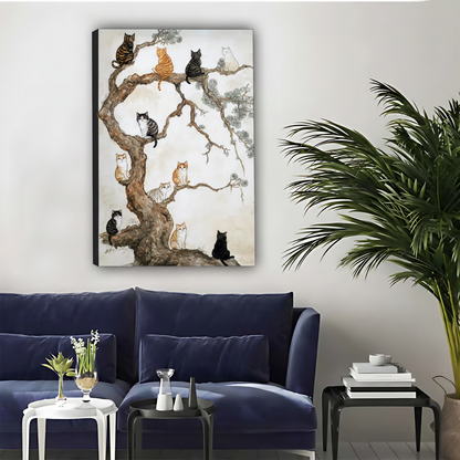Cats on Pine Tree Botanical Framed Canvas Wall Art|Liberty Signs#L1795