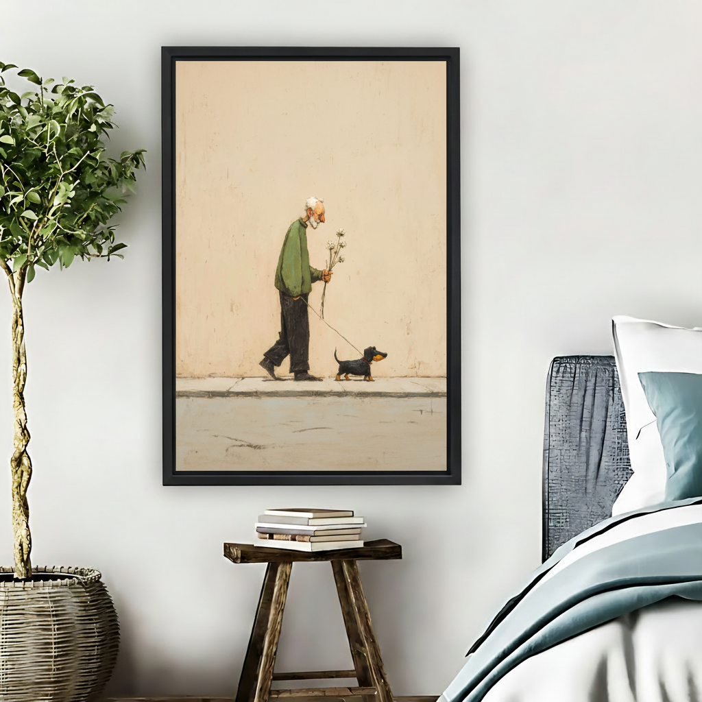 Old Man Walking Dachshund Framed Canvas Wall Art|Liberty Signs#L1818