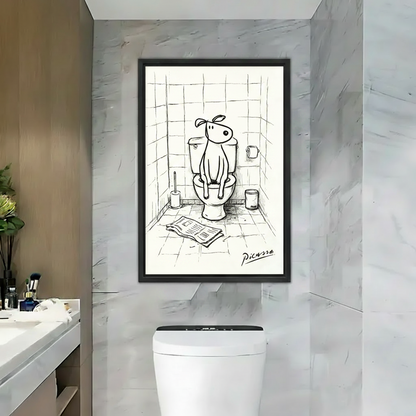 Funny Dog on Toilet Sketch Framed Canvas Bathroom Art|Liberty Signs #L1714