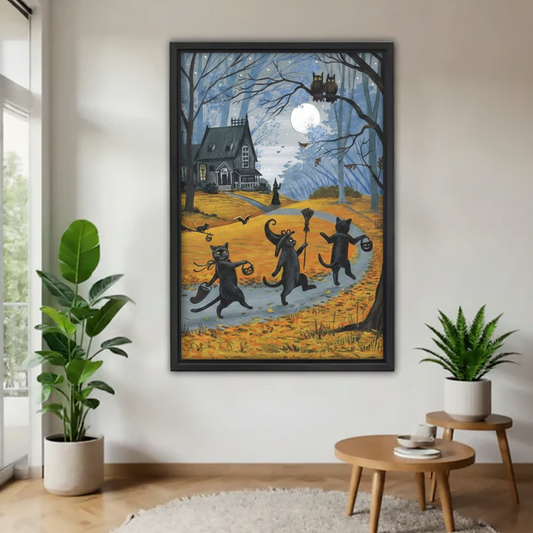 Halloween dancing black cats folk art canvas wall art in black frame on white wall, spooky autumn night decor with green plants
