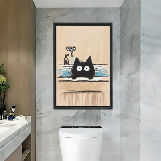 Funny Black Cat Bath Framed Canvas Wall Art Print|Liberty Signs#L1738