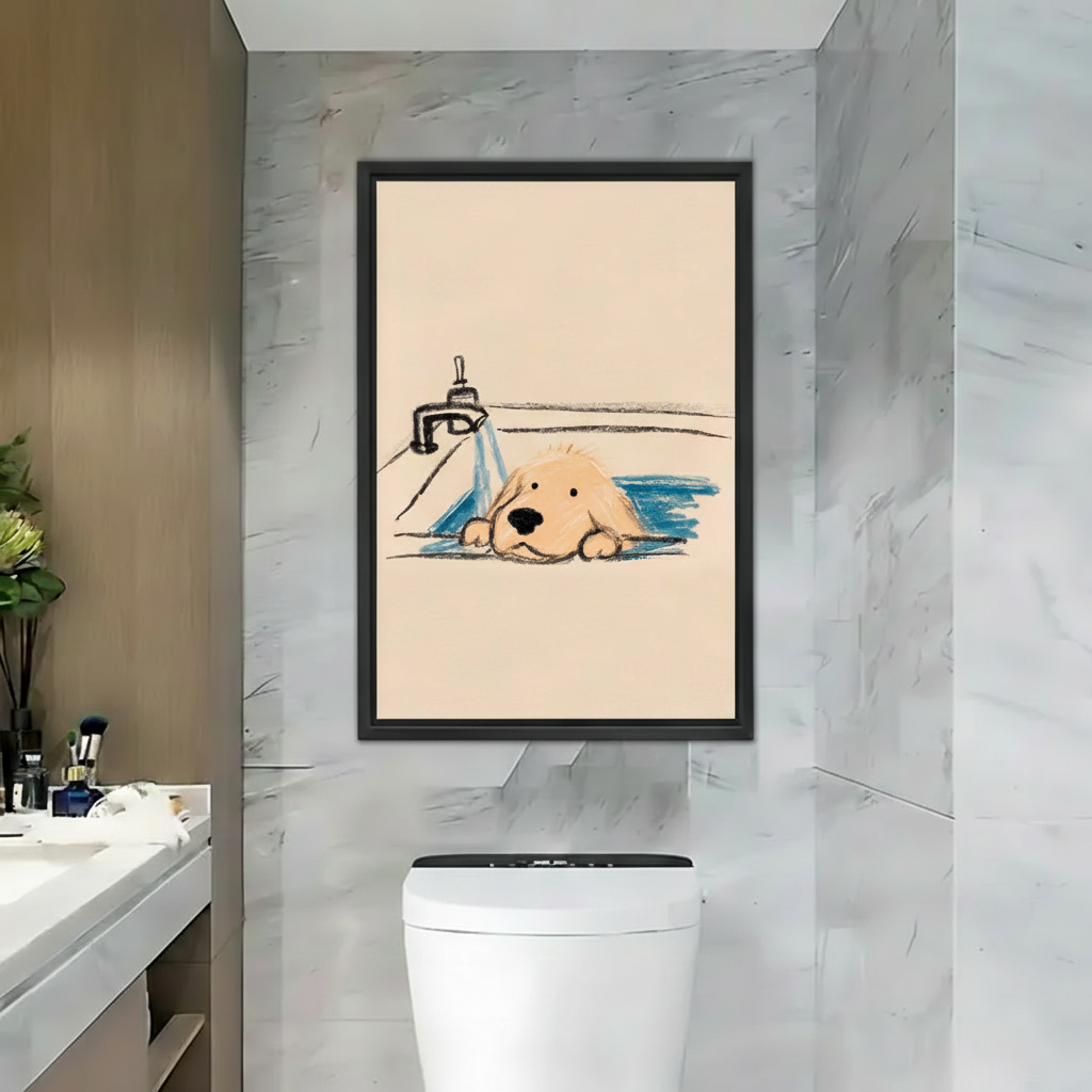 Cute Golden Retriever Bath Framed Canvas Wall Art|Liberty Signs#L1739