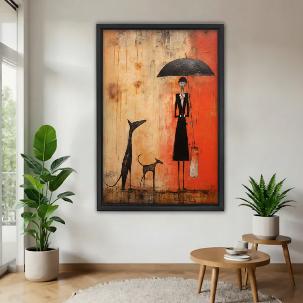 Abstract woman with umbrella and two greyhound dogs folk art canvas wall art in black frame on white wall with green plants, bold orange home decor