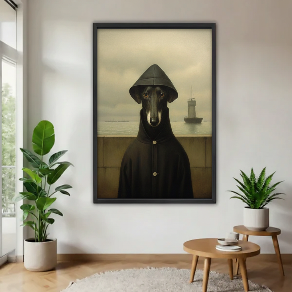 Surrealist greyhound dog in hooded raincoat portrait canvas wall art in black frame on white wall with green plants, dark eclectic home decor