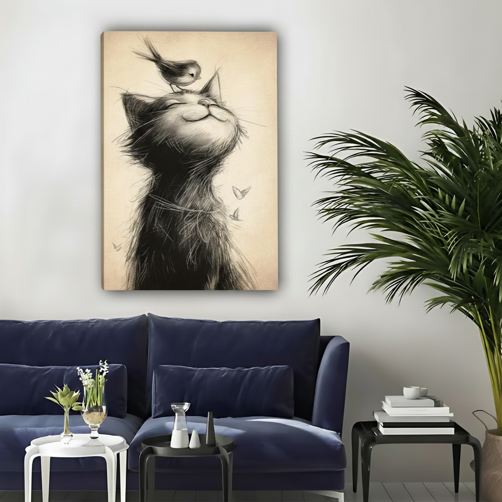 Charcoal Cat and Bird Sketch Framed Canvas Wall Art|Liberty Signs#L1740