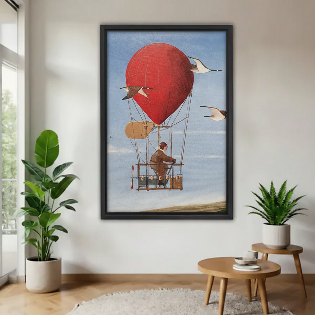Steampunk hot air balloon canvas wall art in black frame on white wall with tropical green plants, adventurous fantasy oil painting home decor