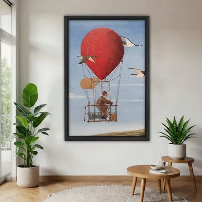 Steampunk hot air balloon canvas wall art in black frame on white wall with tropical green plants, adventurous fantasy oil painting home decor