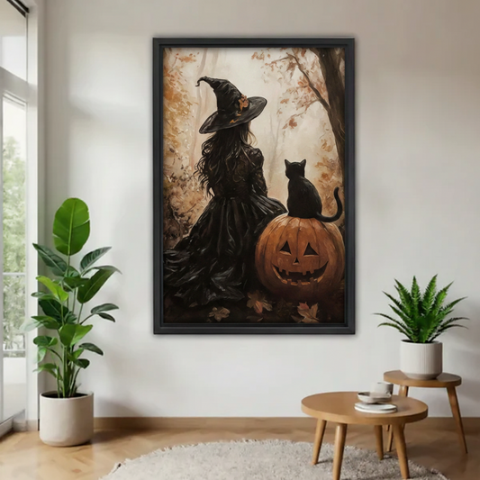 Halloween witch and black cat pumpkin vintage wall art in black frame, displayed in bright living room with green plants