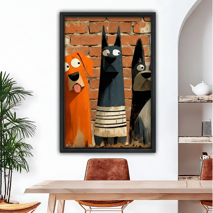 Funny graffiti three dogs framed canvas wall art above dining table, quirky cartoon dogs on red brick wall living room decor