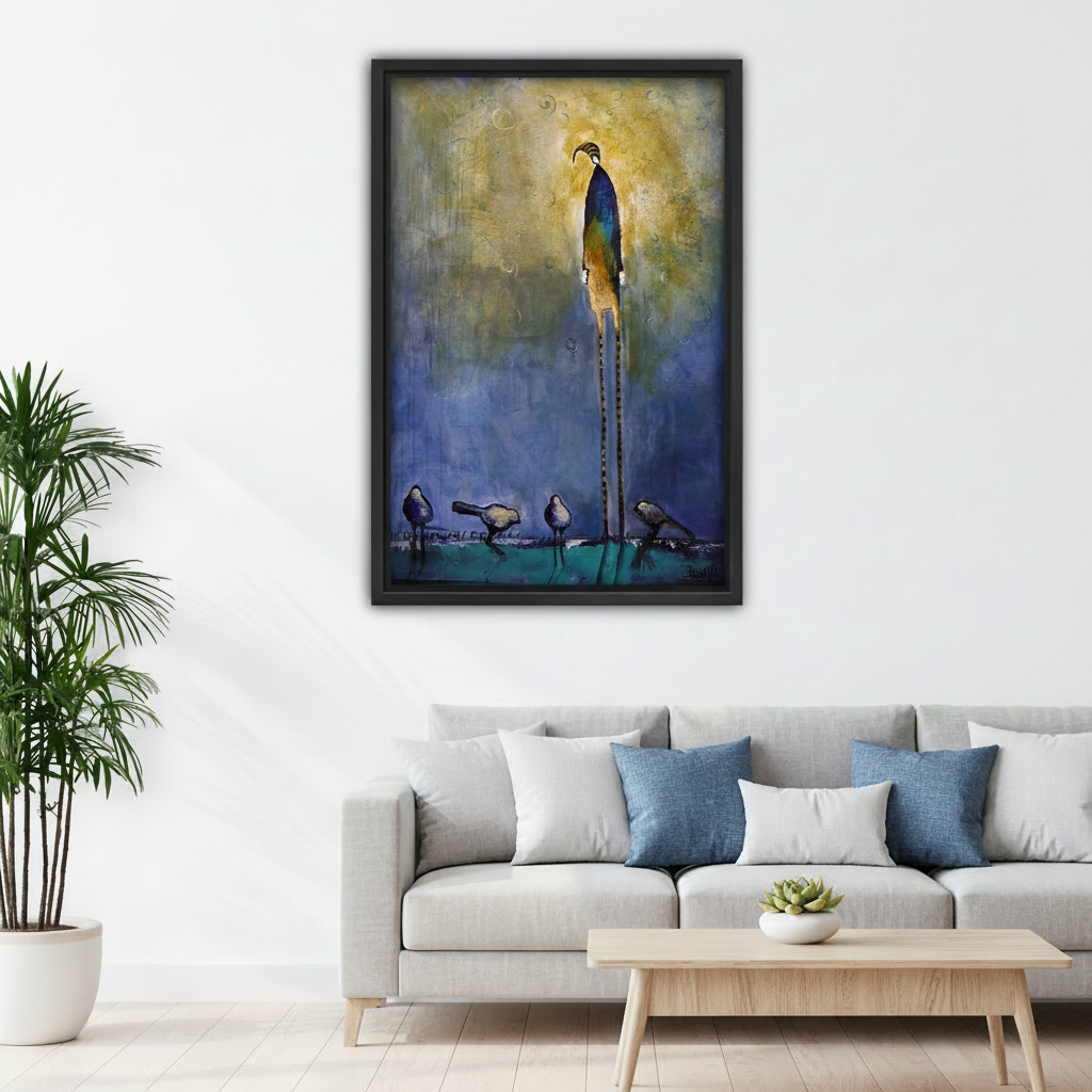 Whimsical abstract bird wall art print in black frame above gray sofa in modern living room