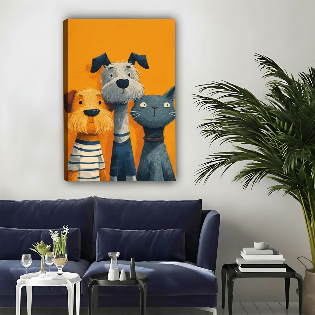 Funny Dogs & Cat Framed Canvas Wall Art – Cartoon Animal Print|Liberty Signs#L1753