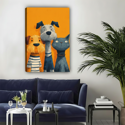 Funny Dogs & Cat Framed Canvas Wall Art – Cartoon Animal Print|Liberty Signs#L1753