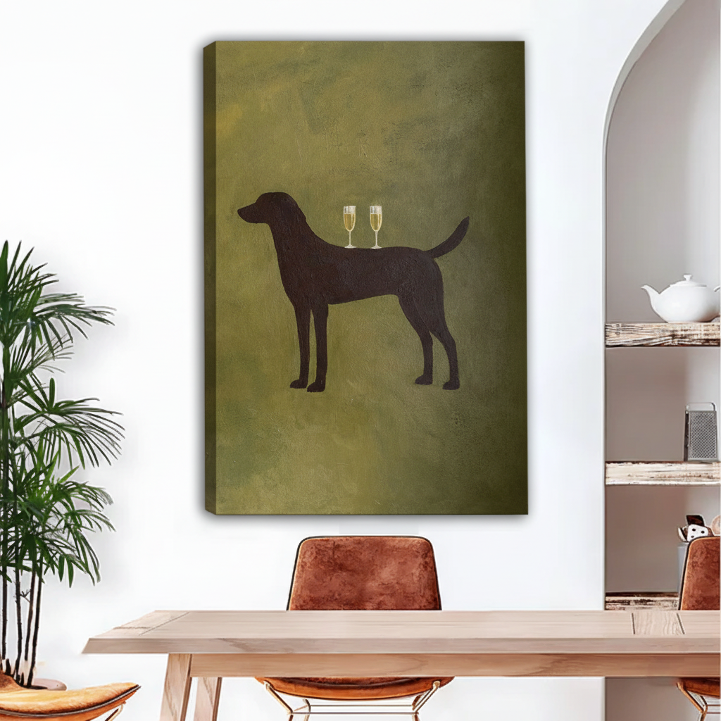 Gallery wrap canvas art featuring vintage dog silhouette with champagne glasses in olive green dining room